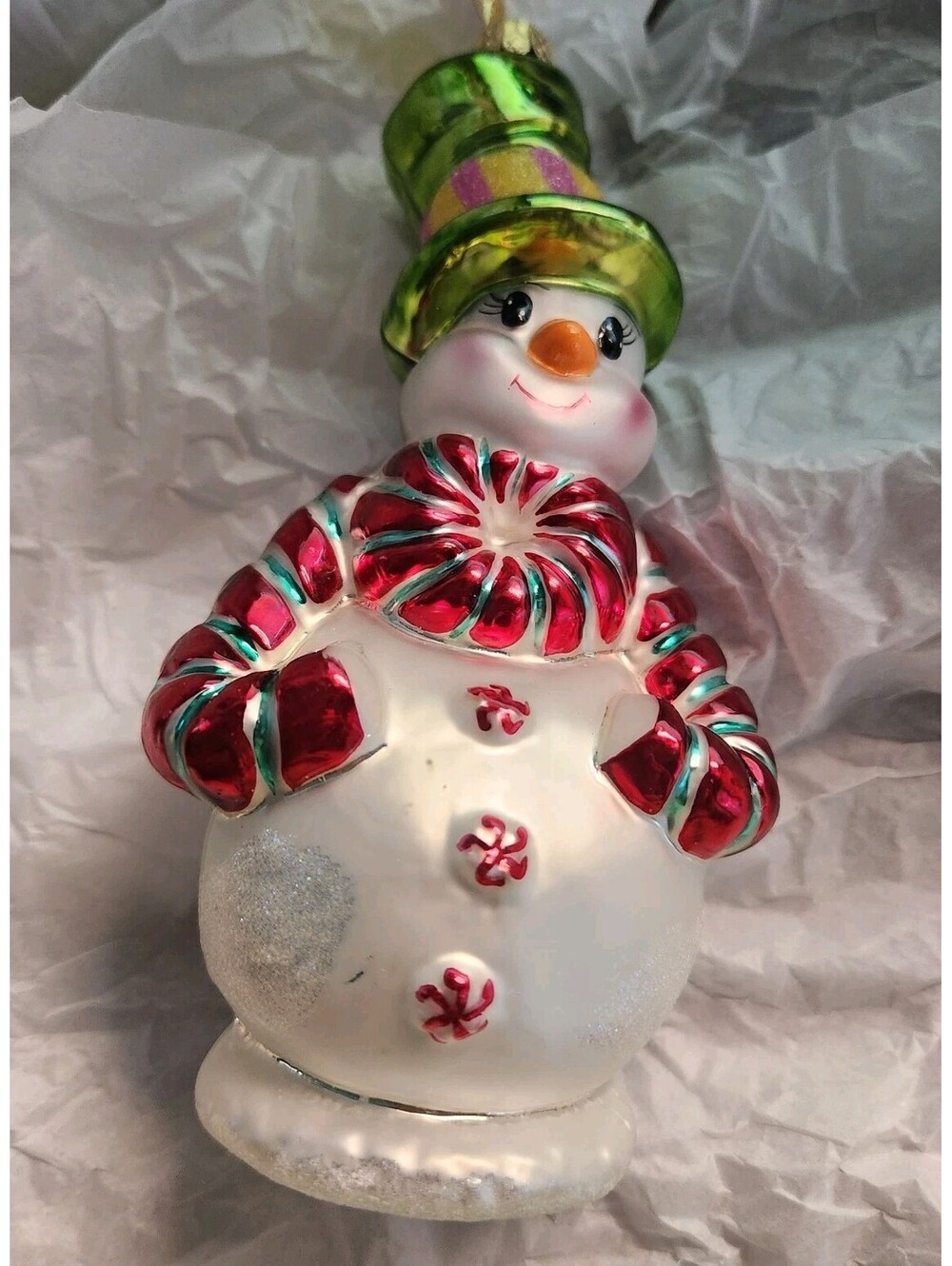 Christopher Radko Handblown Glass Ornament - CANDY CANE SNOWMAN 6" Frosty Twist